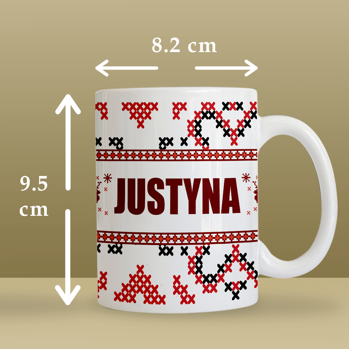 Świąteczny wzór + imię - 1x Kubek z nadrukiem, spersonalizowany prezent dla siostry - idamell.com