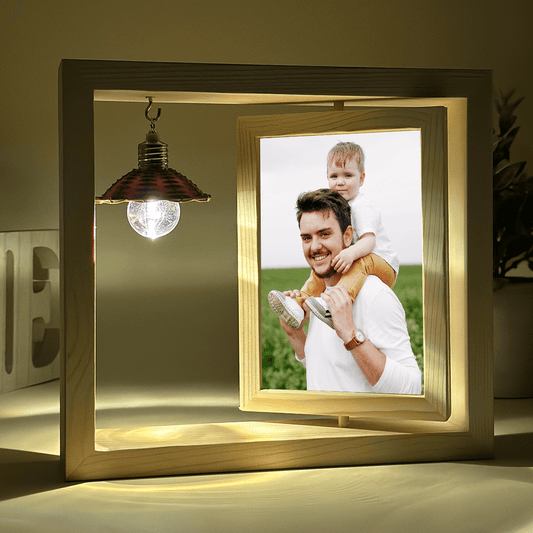 Tata i dziecko - Druk na szkle w drewnianej ramce + led, spersonalizowany prezent dla taty - idamell.com