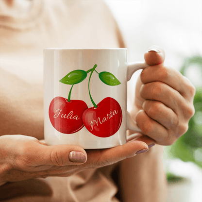 Wiśnie grafika + imiona - 1x Kubek z nadrukiem, spersonalizowany prezent dla przyjaciółki - idamell.com