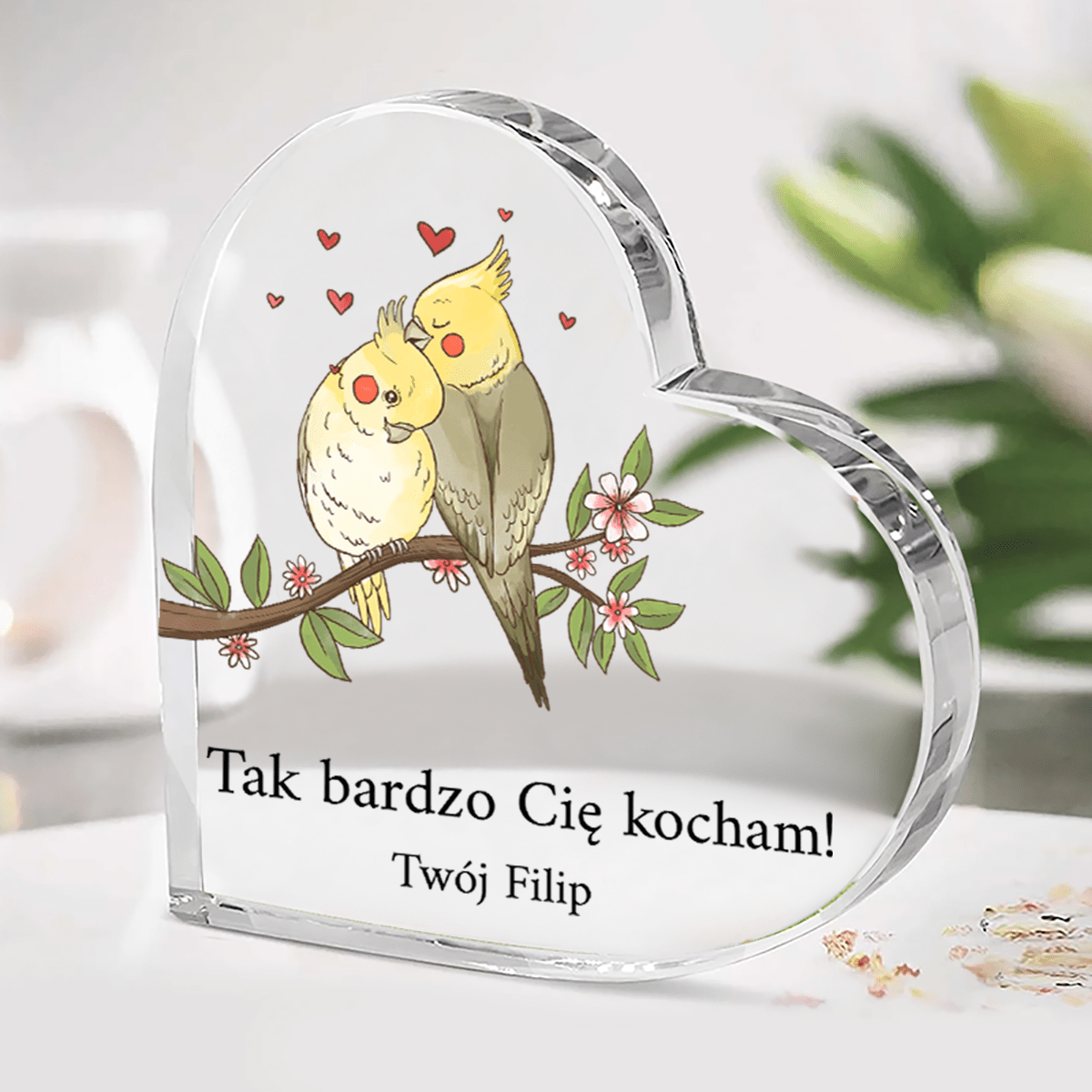 Zakochane ptaszki - Szklane serce, spersonalizowany prezent dla niej - idamell.com
