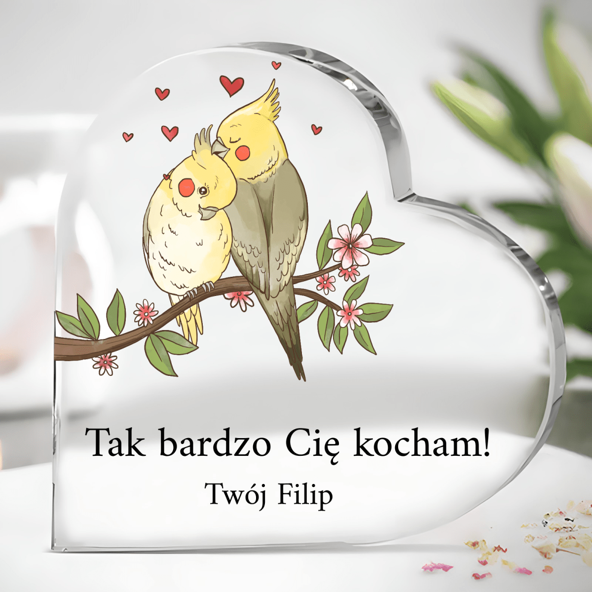 Zakochane ptaszki - Szklane serce, spersonalizowany prezent dla niej - idamell.com