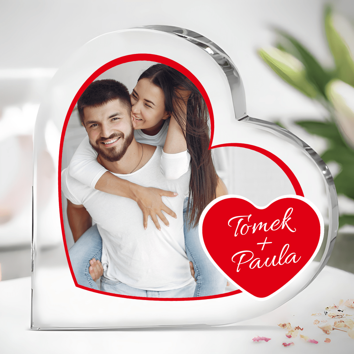 Zdjęcie + imiona w sercu - Szklane serce, spersonalizowany prezent dla niego - idamell.com