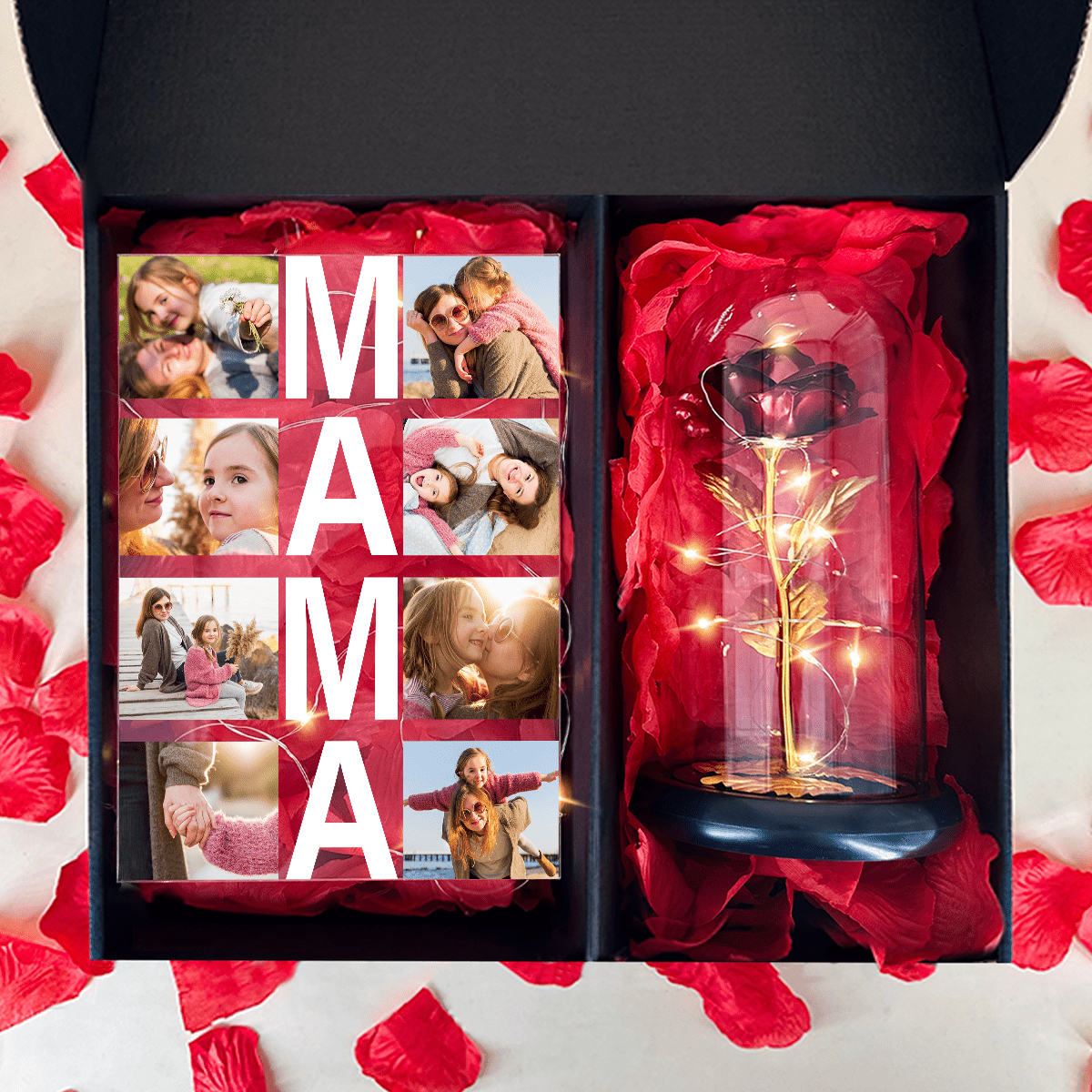 Złota wieczna róża + druk na szkle MAMA box 2 w 1 - zestaw prezentowy box, spersonalizowany prezent dla mamy - idamell.com
