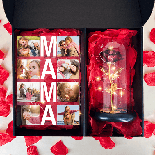 Złota wieczna róża + druk na szkle MAMA box 2 w 1 - zestaw prezentowy box, spersonalizowany prezent dla mamy - idamell.com
