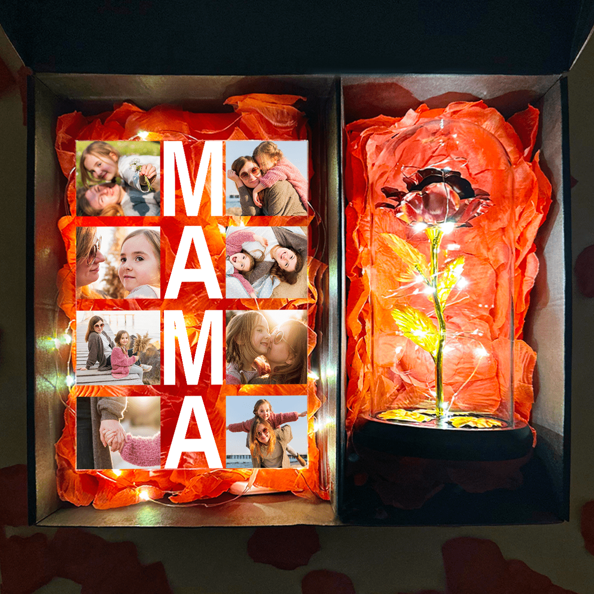 Złota wieczna róża + druk na szkle MAMA box 2 w 1 - zestaw prezentowy box, spersonalizowany prezent dla mamy - idamell.com