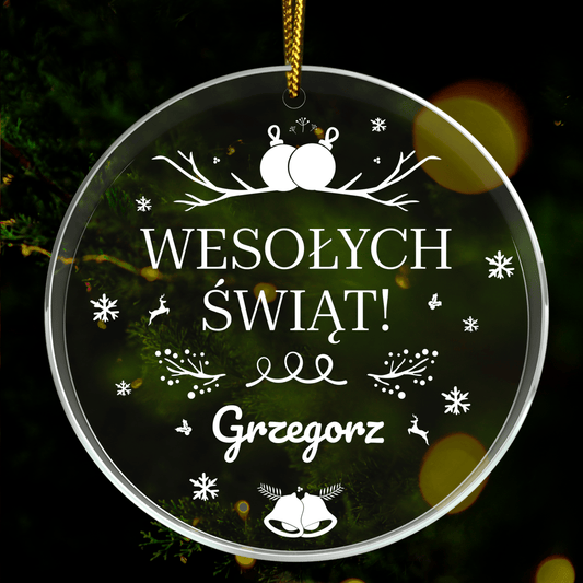 Życzenia świąteczne + imię - bombka choinkowa, spersonalizowany prezent dla niego - idamell.com