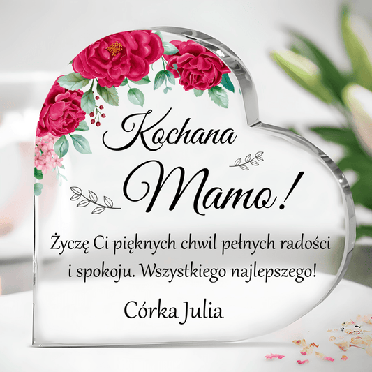 Życzenia z kwiatowym motywem - Szklane serce, spersonalizowany prezent dla mamy - idamell.com