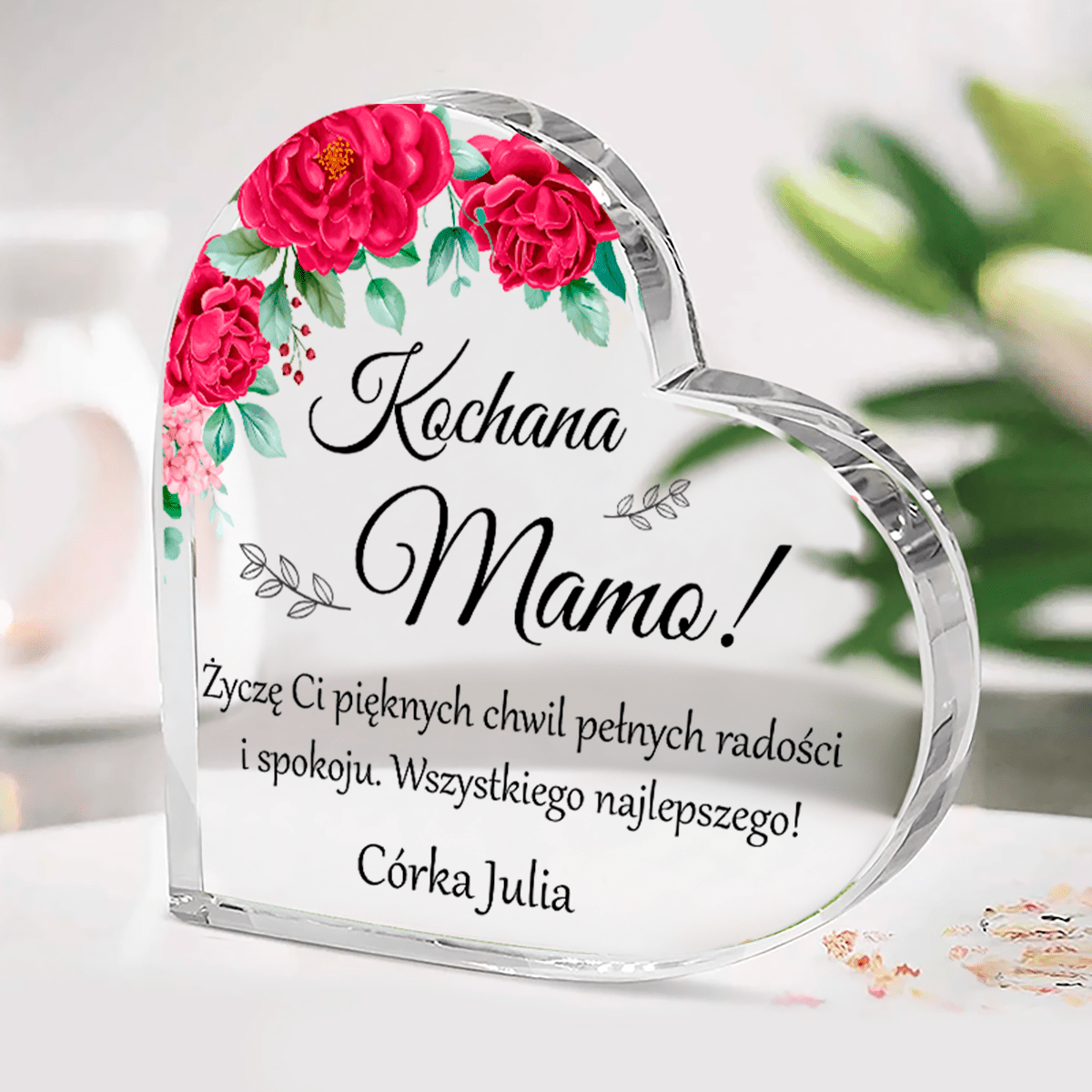 Życzenia z kwiatowym motywem - Szklane serce, spersonalizowany prezent dla mamy - idamell.com